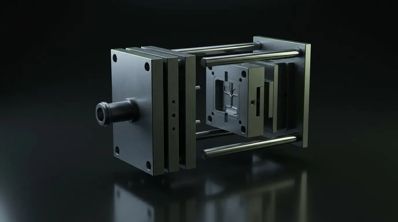 3D-Modell eines Spritzgusswerkzeugs mit Kavität und Führungssäulen